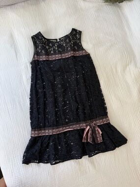 Vintage handmade sheer lace dress black coquette ribbon drop waist mini babydoll
